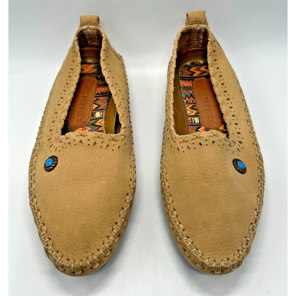 HUSH PUPPIES 57919 Suede Slip-On Moccasin Flats~Aztec Southwest~Tan~Women Sz 6W - Picture 1 of 10